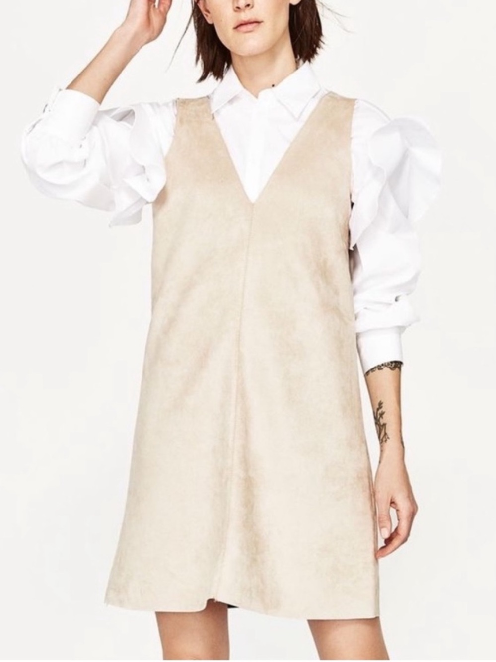 Zara Minimalist Beige V-Neck Faux Suede Shift Mini Dress